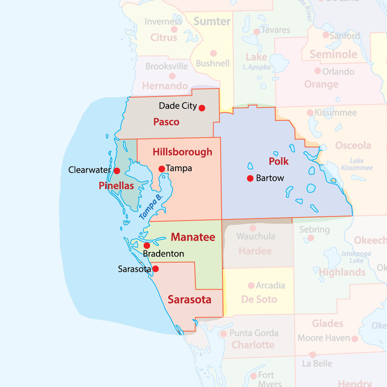 Map showing McAuley Roofing service area. Florida roofers covering west coast of the sunshine state.